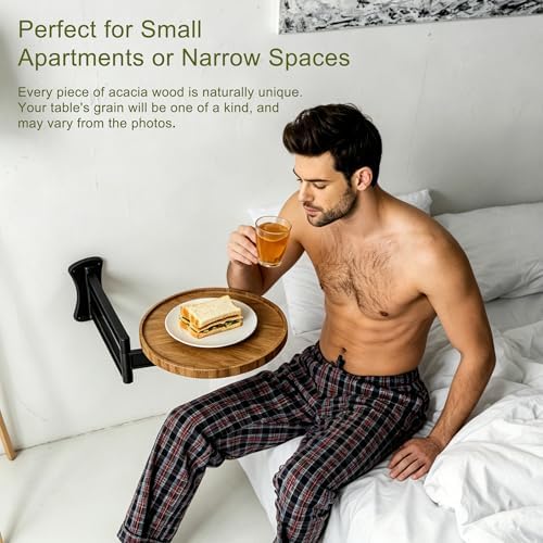 Wall Mounted Folding Table,11" Acacia Bedside Shelf Wall Mount Floating Wall Desk with 36 LBS Capacity for Small Spaces,Round Wood Tabletop with 720° Rotatable Aluminum Alloy Brackets - Image 3