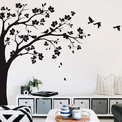 Large Corner Tree Wall Decal with Big Blossoms, Birds and Leaves Nursery Wall Art Sticker Mural 087 (Leaning Right, All Black) by StudioQueeWallDecals