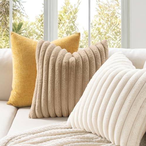 MIULEE Faux Fur Decorative Throw Pillow Covers 20x20 Set of 2 Beige - Image 3