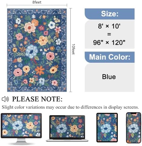 DUKINO 8x10 Area Rugs, Floral Washable Living Room Rug Non Slip, Blue - Image 2