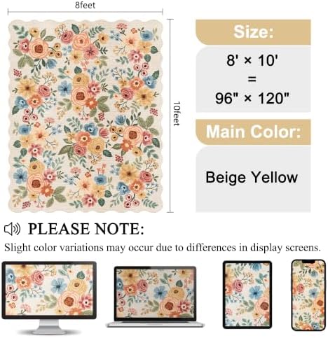 DUKINO 8x10 Area Rug for Living Room, Soft Floral Washable Rug Beige Yellow - Image 2