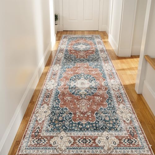 Ksrau 3x8 Runner Rug Washable Vintage: Non Slip Kitchen Runners Brick/Blue - Image 2