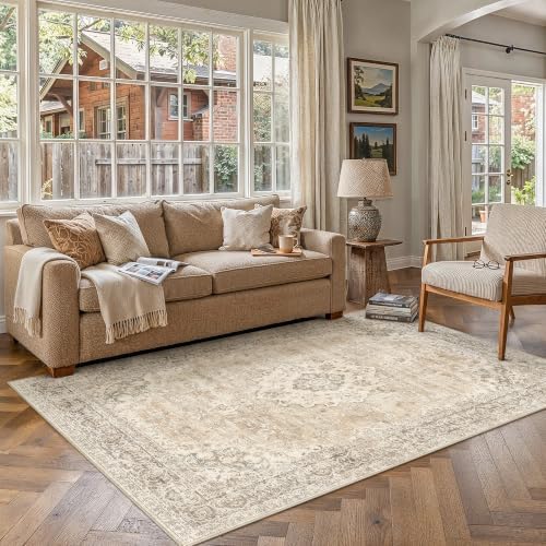 6x9 Taupe Washable Area Rug Non Slip Vintage Carpet - Image 3