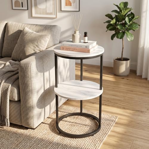 Round End Side Table,C Shaped Table for Couch,2 Tier Small Sofa Table with Metal Frame for Bedroom,Living Room,Bedside,Black(11.8" D x 11.8" W x 22.9" H) - Image 2