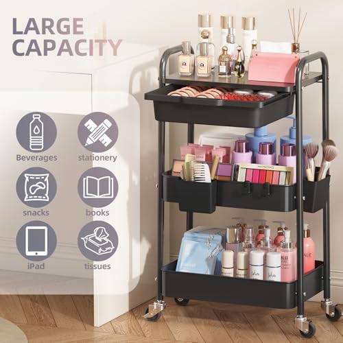 KINGRACK 3 Tier Metal Rolling Cart with Drawer, Black Utility Storage Cart | 2 Cups & 4 Hooks, Lockable Wheels, Trolley Organizer for Bathroom, Kitchen, Office, Nursery, Dorm, Laundry, Craft Room - Image 3