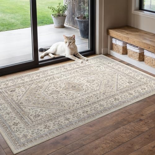 3x5 Washable Entryway Area Rug - Non-Slip Vintage Throw Rugs Beige Gray by Puino