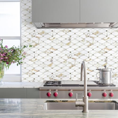 STICKGOO 1 Sheet Peel and Stick Backsplash, Calacatta Golden Stick on Aluminum Composite Tiles Stikers, Self Adhesive Mixed Metal Backsplash for Kitchen, Bathroom, Fireplace, RV - Image 2