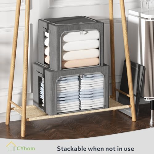 CYhom Clothes Storage Bins Box - Linen Fabric Foldable Stackable Container Organizer Set with Clear Window & Carry Handles & Metal Frame - 2Pack Large Capacity for Bedding, Blankets, Books - Image 6