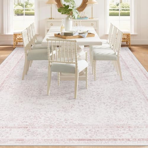 8x10 Area Rugs for Living Room: Washable Large Vintage Floral Rug Low Pile Non-Slip Boho Carpet for Bedroom Home Office Dining Room (Pink, 8'x10') - Image 3