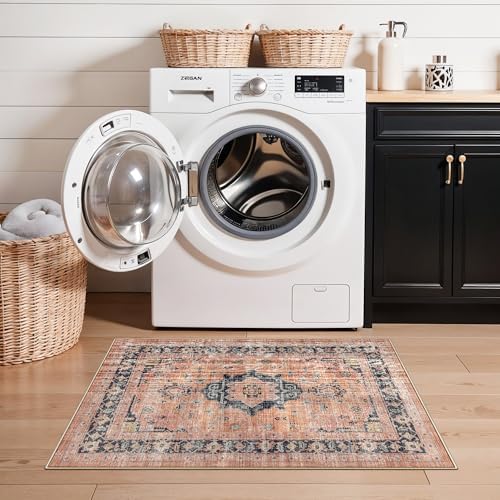 Washable 2x3 Small Area Rug: Vintage Indoor Soft Non Slip Door Mat Stain Resistant Carpet for Bedroom Living Room Light Weight Floor Mat for Kitchen Bathroom - Perfect for Homes with Pets (2x3,Orange) - Image 2