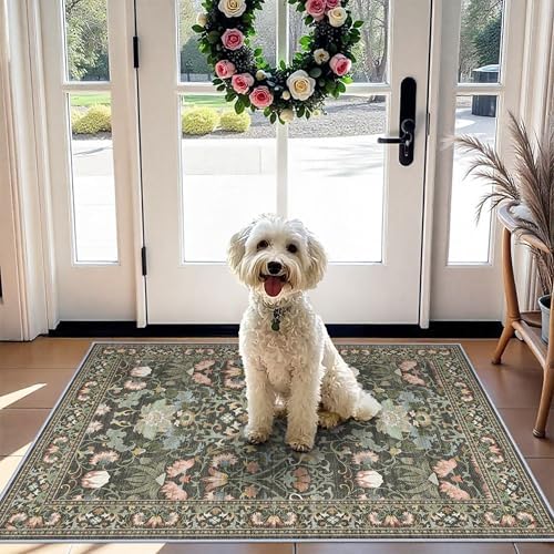 Washable 2x3 Entryway Area Rugs: Vintage Soft Floral Thin Doormat with Non Slip Backing Water Resistant Bathroom Laundry Rug for Kitchen Indoor Carpet for Bedroom Low Pile Floor Mat (2x3,Green) by HYHAOYUNLAI