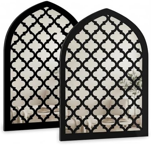 2 Pcs Moroccan Window Mirror Wall Decor, 12.8 x 8.9 Inch Self Adhesive Arched Mirror Wall Stickers for Living Room Bedroom Bathroom Hallway Entryway Bohemian and Mediterranean Style by YOORORO