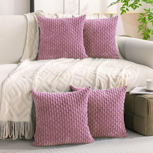 Set of 4 Pink Decorative Throw Pillow Covers 18x18 Inch Corduroy Pillow Covers for Bed Couch Sofa Living Room Soft Square Cushion Cases - Image 3
