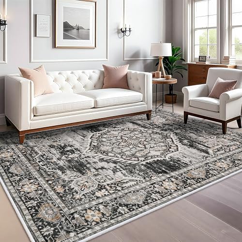 Washable Rugs 7x9 Area Rug：Large Rugs for Living Room - Oriential Distressed Printed Floral Carpet - Non Slip with Rubber Backing Area Rug 7'x9' Black by YOUFORTONG
