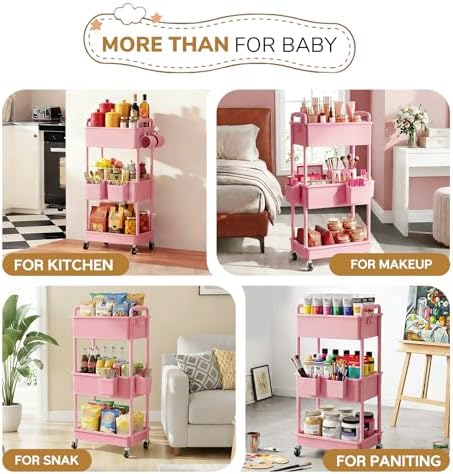 Goovilla Diaper Cart with Lockable Wheels and Easy Assembly, 3 Tier Pink - Image 7