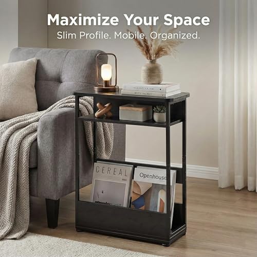 Narrow Side Table,3-Tier Slim End Table with Storage Shelf,Modern Sofa Table Thin Side Table for Narrow and Small Spaces, Skinny Bedside Table Small Nightstand with Magazine Rack Space Saving/Black - Image 4