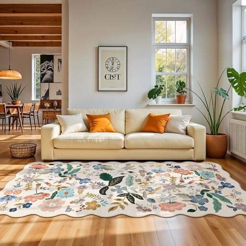 Washable 4x8 Wide Runner Rug: Hallway Entryway Non Slip Scalloped Floral Rug Farmhouse Soft Stain Resistant Carpet for Kitchen Bathroom Bedroom Low Pile Pet Friendly Floor Mat (4x8,Cream) by HYHAOYUNLAI