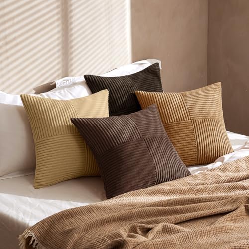 MIULEE Boho Decorative Throw Pillow Covers 18x18 Set of 4 Farmhouse Neutral Cushion Cases Gradient Corduroy Pillow Cases Modern Soft Corduroy Patchwork Home Decor for Couch Sofa Bedroom Camel Brown - Image 4