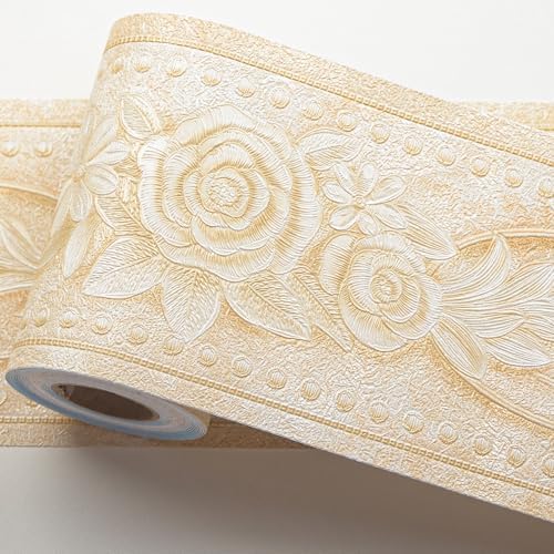 AbaBoorty Beige Floral Wallpaper Border Decor 394"X4.1" Peel and Stick Wall Border Waterproof Tiles Sticker Wallpaper Self Adhesive Removable Wall Stickers for Bedroom Living Room Decor by AbaBoorty
