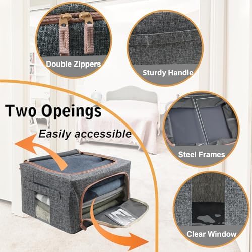 Linen Clothes Storage Bins, 4PCS Sturdy Closet Organizers and Storage Bin with Metal Frame, 2 Opening Ways Fabric Visible Lidded Storage Box for Organizing Clothing,Jeans,Sheets (4PC Gray, 22Liters) - Image 4