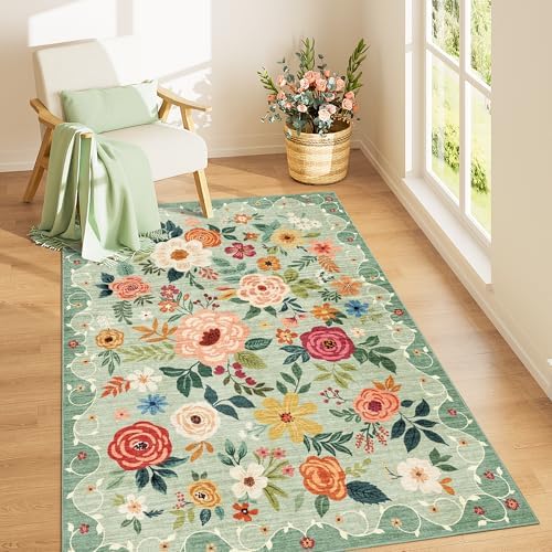 DUKINO 3x5 Area Rug, Floral Washable Rug for Bedroom Non Slip, Green - Image 3