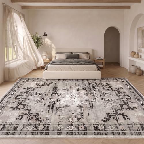 Washable Area Rug 8x10, Grey Vintage Persian Style Floral Living Room Rug - Image 4