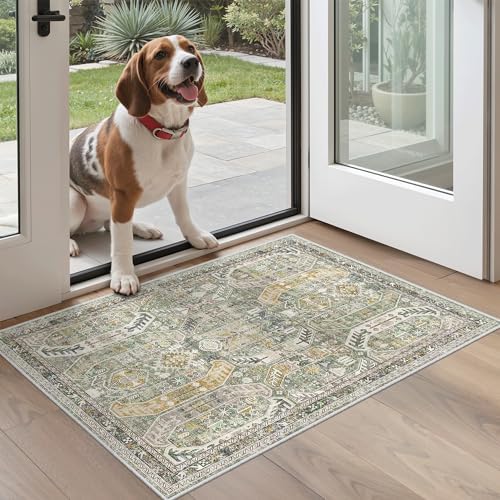 Madane Washable Area Rug 2x3 Small Entryway Rugs Non-Slip, Green/Gold by Madane