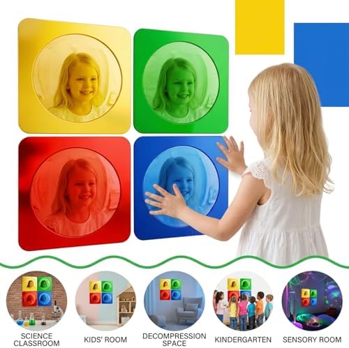 4 Pcs Sensory Wall Mirror Acrylic Bubble Mirror Wall Decoration 10" x 10" Scandinavian Natural Decor Sensory Room Science Decompression Space (Red, Yellow, Green, Blue) - Image 5