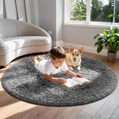 Ophanie Round Rug 6Ft Grey Circle Area Rugs,Fluffy Fuzzy Large Bedroom Carpet 6 Foot,Plush Shag Solid Indoor Floor Gray Living Room Circular Decor for Kids Teen Boys Baby,with Over 99 pcs Pile fibers - Image 3