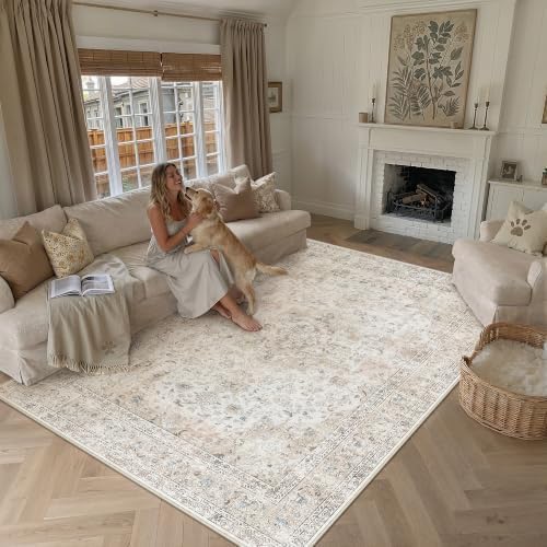 5x8 Washable Area Rug Beige Grey Non Slip Vintage Carpet - Image 2