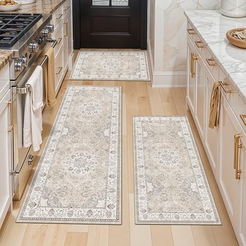 Washable Kitchen Rug Set of 3: Boho Non-slip Soft Stove Sink Mat Light Weight Stain Resistant Carpet for Dog Bowl Area Comfort Tile/Hardwood Floors Protection Mat for Entryway Foyer(2x3+2x4+2x5,Beige) by HYHAOYUNLAI