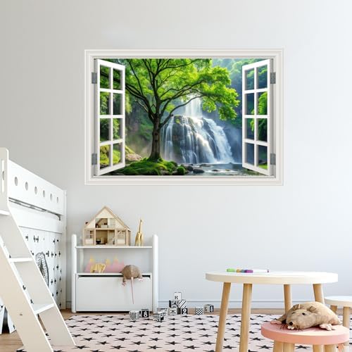 Fake Window Wall Decal- Rainforest Waterfall Tree Open Wall Art Sticker | Faux Window Forest Natural Landscape Mural｜ Stick and Peel Wall Decals｜for Room Bedroom Office Decor｜48"x32",Set of 2 Sheets - Image 6