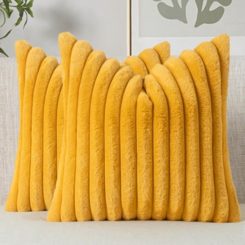 MIULEE Faux Fur Decorative Euro Sham Pillow Covers 24x24 Mustard Yellow by MIULEE