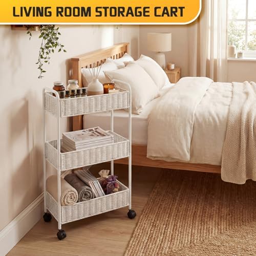FOCHIER F Utility Slim Storage Cart,3-Tier Rolling Kitchen Office Laundry Room Cart,Mobile Shelving Unit Organizer for Living Room Bathroom Baby Diaper Narrow Places (White, UC-White-7.1inch) - Image 2