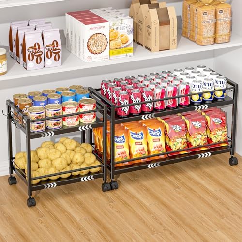 1 Pack 2-Tier Expandable Pantry Floor Organizer Cart, Rolling Pantry Storage Cart with Wheel, Adjustable Can Organizer for Kitchen Pantry, Pantry Shelves and Storage Rack for Snacks, Vegetables, Black by ThreeHio