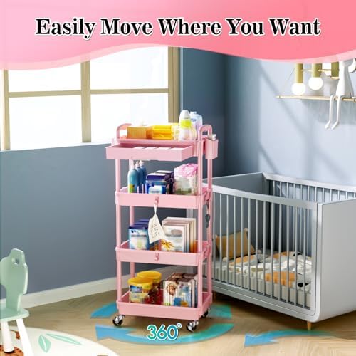 SUNALLY 4 Tier Rolling Cart with Drawer, Craft Storage Cart Organizer, Pink - Image 4