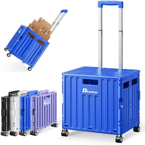 Folding Utility Cart with Lid, Portable Rolling Crate Handcart Collapsible Shopping Trolley, Durable Plastic Foldable Tool Basket with 4 Rotate Wheels for Grocery, Office, Luggage, School - Blue by Dkenicor