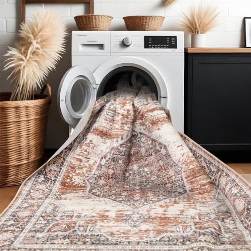 Washable Rug 8x10 Area Rugs: Super Soft Ultra-Thin Carpet - Non-Slip Backing Rugs for Bedroom Dining Room - Stain Resistant Vintage Large Area Rug 8'x10' Brick - Image 5