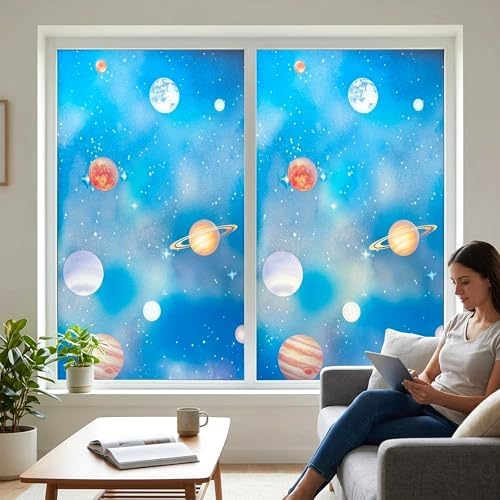 Galaxy Planet Stained Glass Blue Window Film Privacy No Glue 17.5x78.7in - Image 5