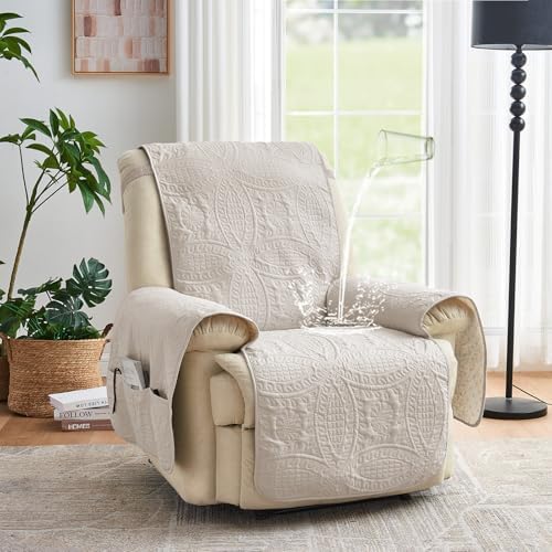 Beige Quilted Recliner Chair Covers, Water-Repellent Recliner Slipcovers, Lazy Boy Chair Covers, Pet Friendly Recliner Covers for Dog, Washable Armchair Protector (Recliner 22", Beige Cream) - Image 2