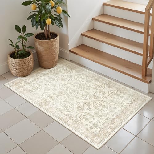 Soalmost 2x3 Washable Rugs for Kitchen Entryway, Small Area Rug Beige/Brown - Image 3