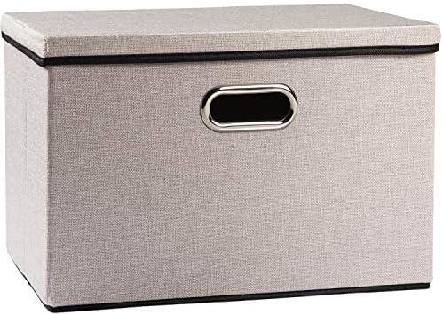 PRANDOM Large Foldable Storage Bin with Lid [1-Pack] Linen Fabric Decorative Storage Box Organizer Container Basket Cube with Handles Divider for Closet Office Living Room Light Grey(17.7x11.8x11.8) by Prandom