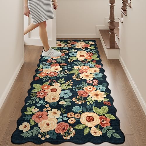 DUKINO 2x5 Washable Runner Rug, Floral Non Slip Kitchen Rug, Navy Blue - Image 4
