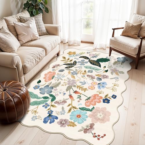 4x6 Living Room Area Rugs: Washable Boho Kitchen Rugs Non Slip Low-Pile Small Bedside Carpet for Bedroom Nursery Water-Resistant Beside Rug Non-Shedding Floor Mat for Kids Pets Family(4x6，Cream) by HYHAOYUNLAI