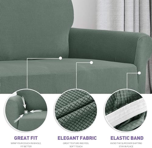ZNSAYOTX Super Stretch Couch Cover Love Seat Sofa Covers for Living Room Dogs Pet Friendly Furniture Protector Spandex Loveseat Slipcovers with Anti Slip Foam Sticks (Pea Green, Loveseat) - Image 3