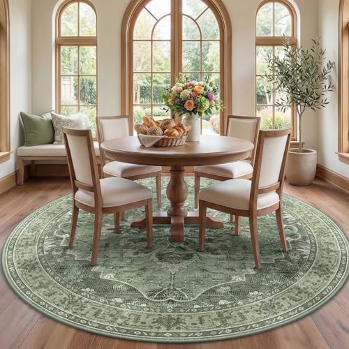 RELEANY Washable Area Rug, Round 7ft, Green/Dark Green/Gray by RELEANY