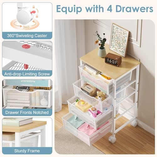 Hongtamoya Rolling Cart with Drawers, Storage Cart with Wheels Metal Rolling Drawer Cart with Lockable Wheels and Wood Tabletop Craft Storage Art Cart for Living Room Bedroom Classroom Office White - Image 4