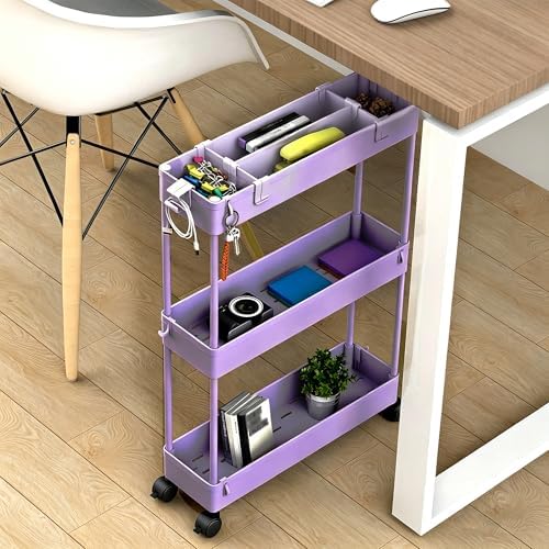 SPACELEAD Slim Storage Cart 3 Tier,Bathroom Organizer Rolling Utility,Mobile Shelving Unit Slide Out for Office, Kitchen, Laundry Room & Narrow Places,Purple - Image 6