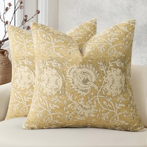 Vintage Floral Print Throw Pillow Covers 26x26 Set of 2 Neutral Modern Farmhouse Pillowcases Accent Decorative Cushion Covers Boho Home Decor for Couch Sofa Chair Bed Living Room, Yellow by DKwizme