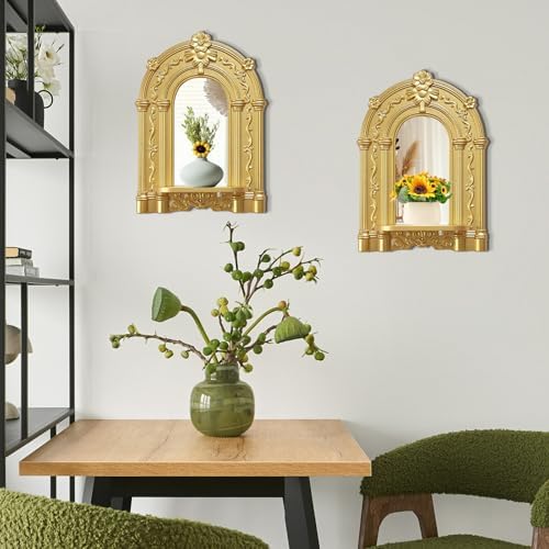 2 Set Vintage Candle Wall Sconce for Home Decor Living Room Bedroom Office Wood Antique Mirrored Victorian Mounted Candlestick Wall Holder Relief Hanging Decor -Gold 11.8in - Image 2